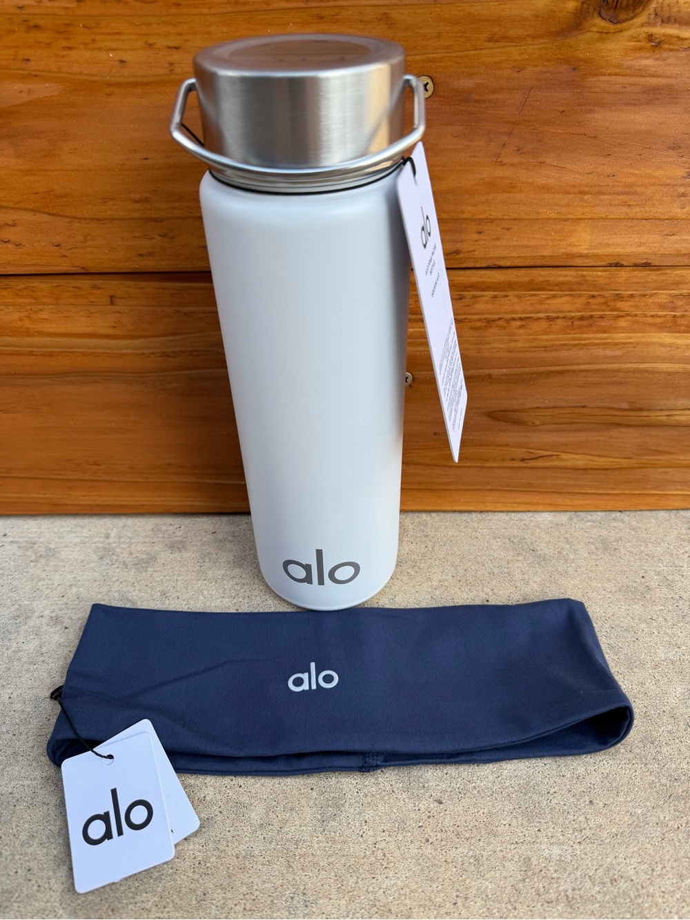 ALO Yoga White Stainless Steel Bottle with Navy Headband